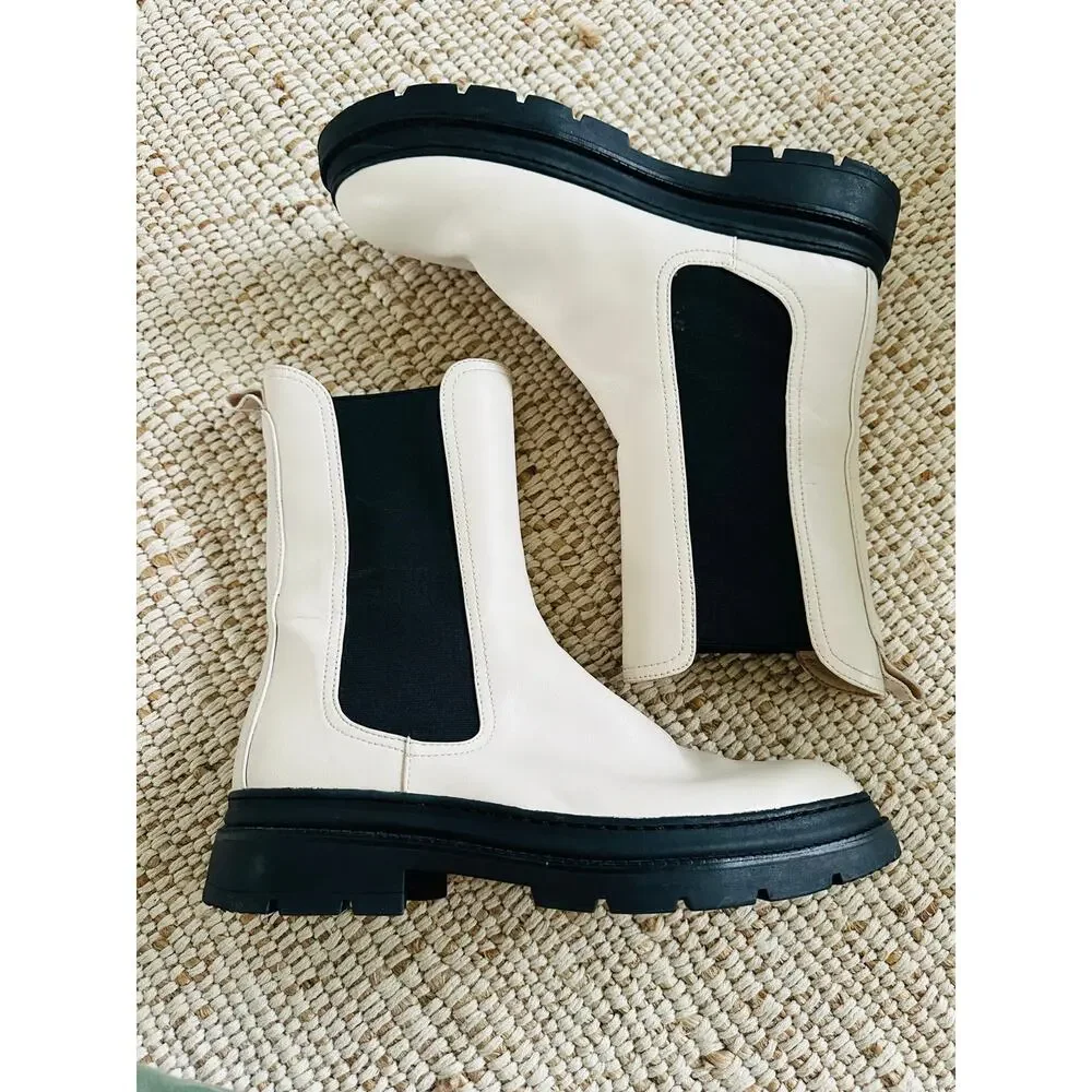 Tamaris Womens Midi Boot Cream Black Lug Sole Size EU41 Leather Chelsea boot